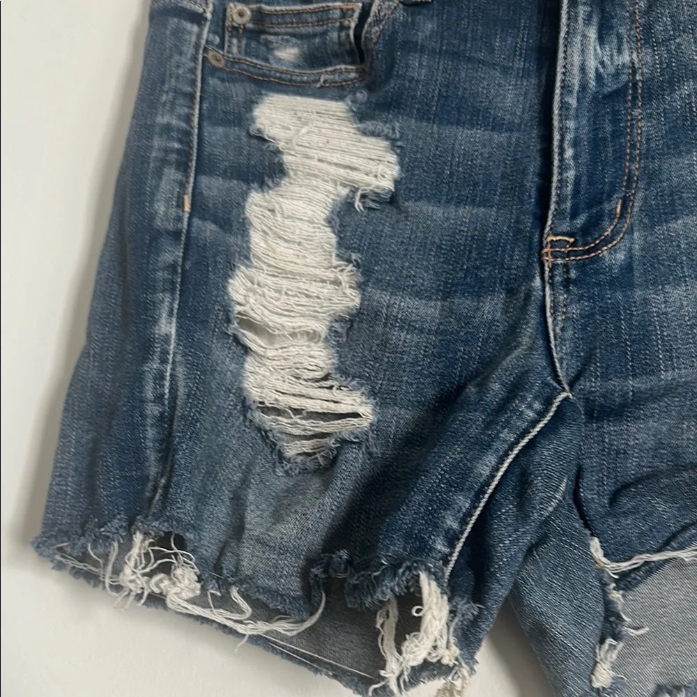 EUC American Eagle Next Level Stretch Blue Distressed Jean Shorts with Raw Hem - Picture 3 of 5